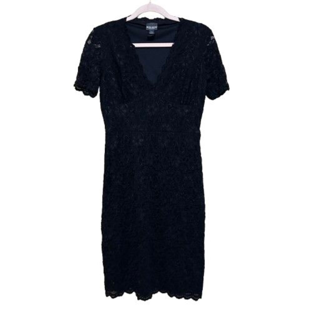 VTG Bisou Bisou Michelle Bohbot Black Lace Stretch Sheath Cocktail Dress Size 12